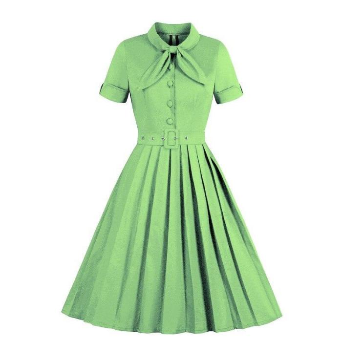 Women Midi Dresses With Belt Summer Retro Vintage Solid Color Short Sleeve Flared A-Line Office Lady Dress