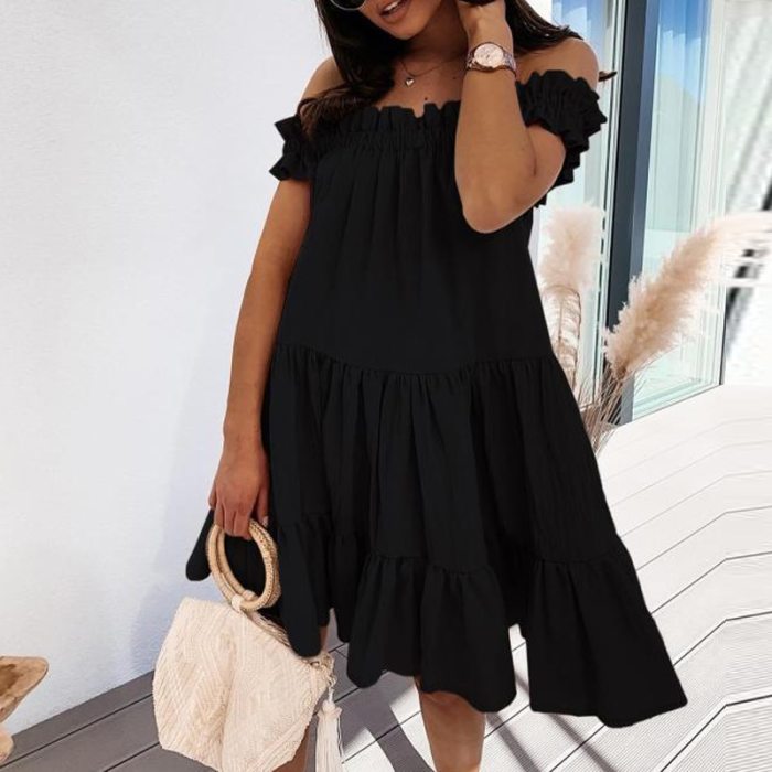 2XL Women Off The Shoulder Ruffles Mini Dress 2021 Spring Slash Neck Pleated Party Dress Casual Solid Loose Summer Beach Dresses