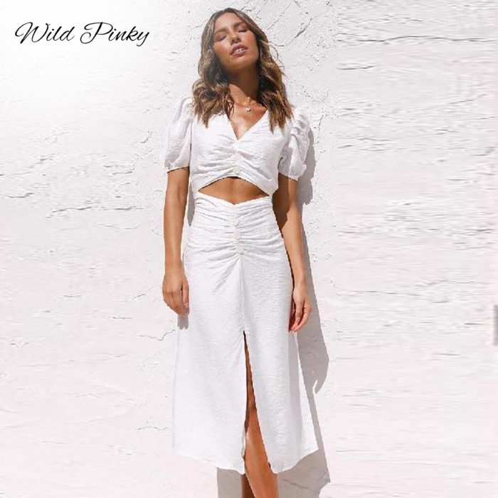 Sexy Hollow Out Women Summer Plaid Holiday Beach Midi DressSolid White Split Sundress