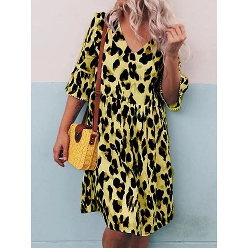 Fashion Half Sleeve Print Loose Women Dress Summer V-Neck Casual A-Line Midi Dresses Female Streetwear 2021 Sundress Vestidos