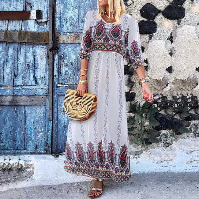 Casual Printed Three-Quarter Sleeve Vacation Maxi Dress