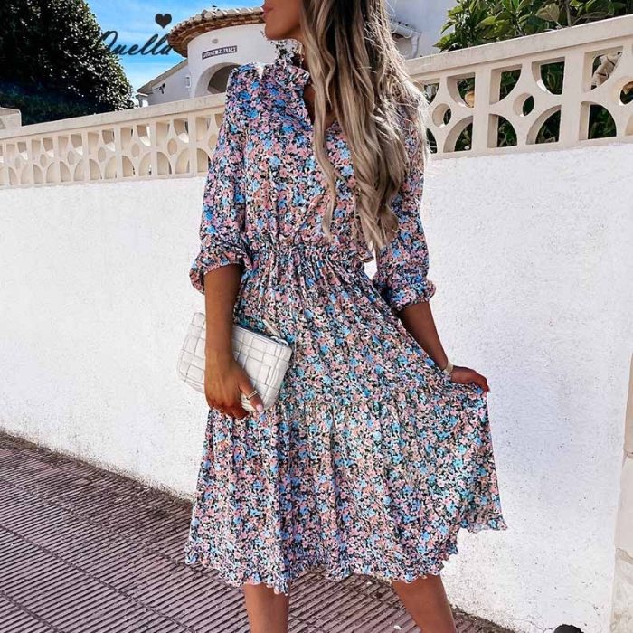 Summer Floral Print Boho Dress Women Long Sleeve V Neck Ruffles Pleated Dresses Party Holiday Sashes Dresses Vestidos