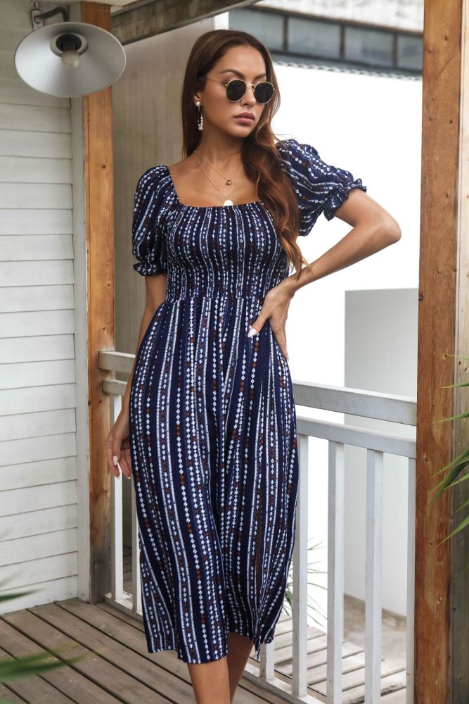 Summer Dress for Women 2022 new Style Printed Puff Sleeve Dress Casual Women Midi Dresses Elegant Vintage Dress