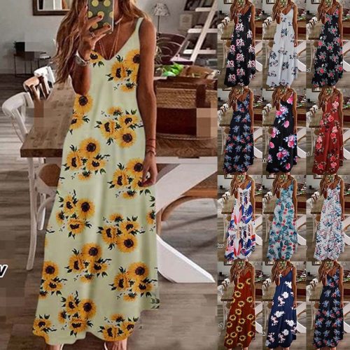 Women Dress Ladies Summer Fashion V-neck Floral Printed Loose Sleeveless Elegant Dress Bohemia Beach Sundress Plus Size