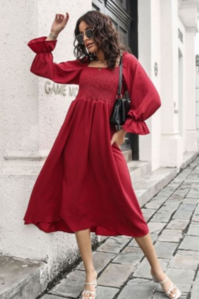 Casual Women's Solid Flared Long Sleeve Midi Dress 2022 Autumn Fashion Square Collar Big Swing Dresses Sexy Backless Women Dress