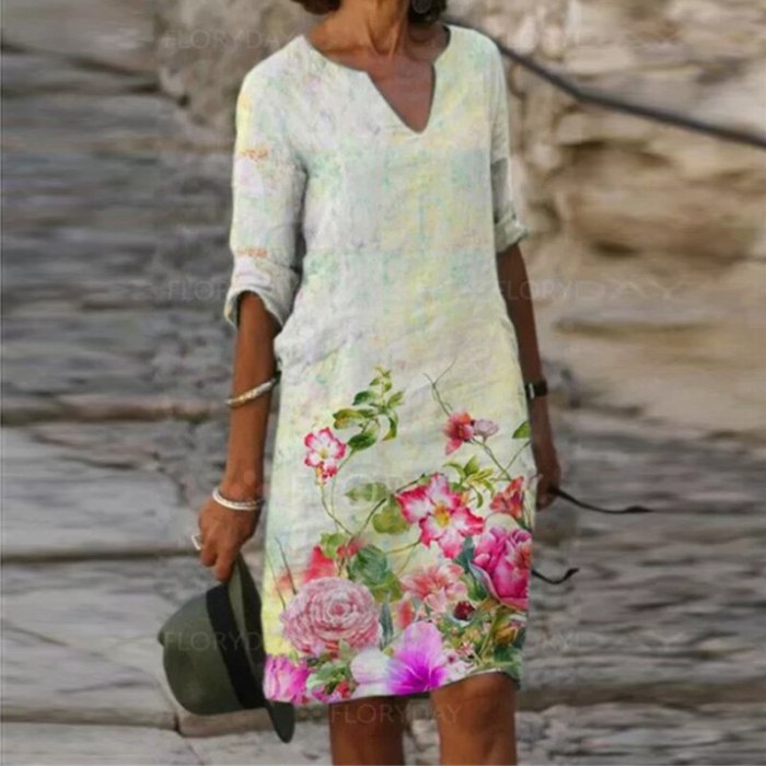 Summer Women Fashion Floral Print Loose Plus Size V-neck Casual Midi Dress