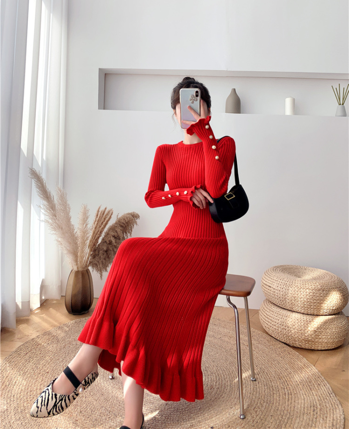 Elegant Knit Sweater Dress Slim Trumpet Midi Dress