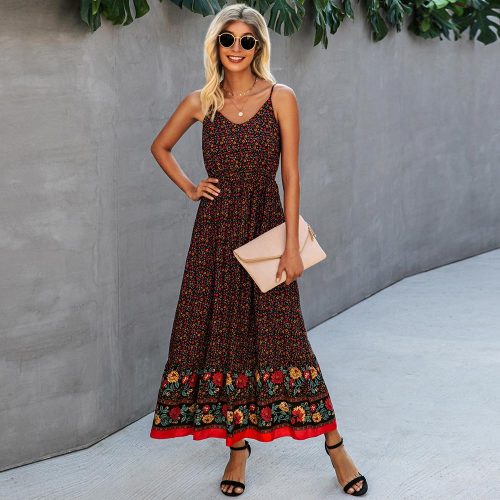 2021 New Casual Long Print Women Dress Summer Sexy V-neck Holiday Style Elegant High Waist Ladies Beach Dress Vestidos