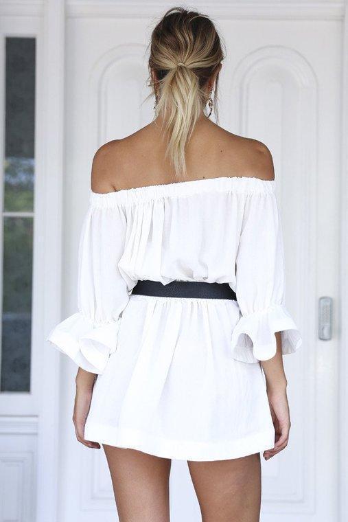 White Casual Off Shoulder Half Sleeves Mini Dress