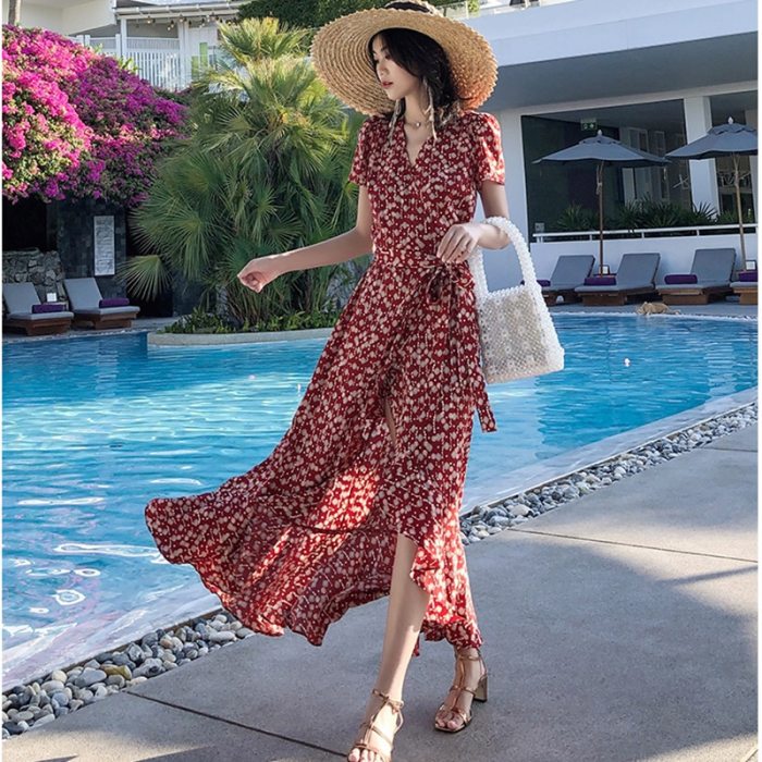 Summer Women Floral Print Ruffle Maxi Dress Elegant Boho Vacation Tropical Long Beach Dress Vintage Korean Burgundy Runway Dress