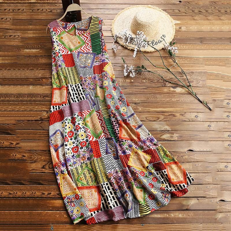Women Vintage Print Long Dress Floral Patch O-Neck Sleeveless Casual Loose Maxi Dress Bohemian Summer Party Dresse