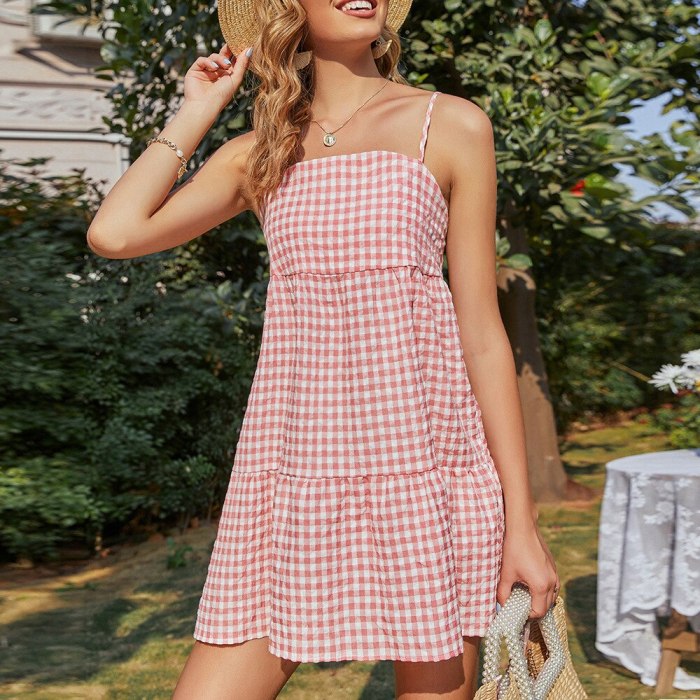 Women Spaghetti Plaid Mini Dress 2021 New Beach Sundress Casual Summer Pink A Line Woman Dress Sexy Party Vacation Clothes Robe