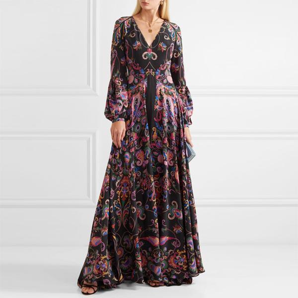 Flash Sale Elegant V-Neck Long-Sleeve Floral Print Maxi Dress