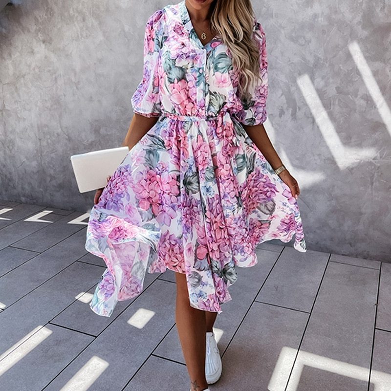 Summer Half Sleeve Floral Print Chiffon Dress Elegant Women V-Neck Button Midi Ladies Fashion Irregular Slim Party Dresses