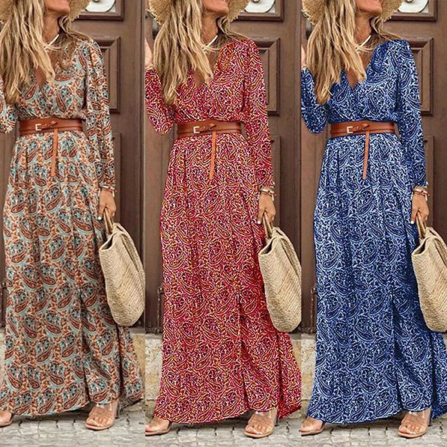 Winter Autumn Fashion Women V Neck Print Long Dress Casual Irregular Long Sleeves Dress Elegant Bohemian Streetwear Party Dress