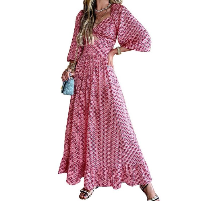 Summer Print Square Collar Maxi Dress Women Three Quarter Lantern Sleeve High Waist A Line Long Dress