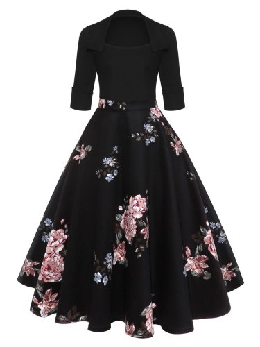 1950s Floral Print Patchwork Swing Dress