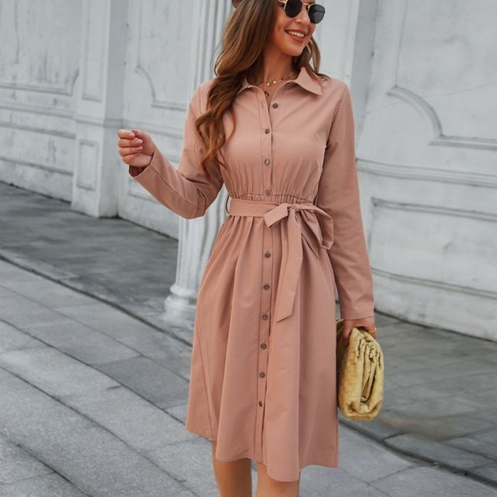 2022 Spring European and American Fashion Solid Color Dress Loose Long Sleeve Shirt Belt Button Dresses