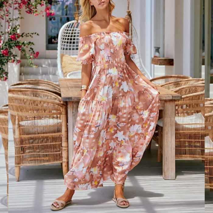 Sexy Chiffon Dress for Mature Women Floral Off the shoulder Short Sleeve Party Mid-Length Dress Summer New Women's Clothing