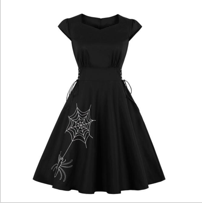 2021 Gothic Solid Animals Print Famale Dress Draw String Elastic Waist Black Color Vintage Retro Pinup Streetwear Swing Dress