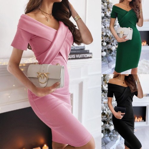 2021 Women Sexy V Neck Office Dresses Elegant Solid Color Short Sleeve Cross Wrap Ribbed Party Club Casual Summer Dress