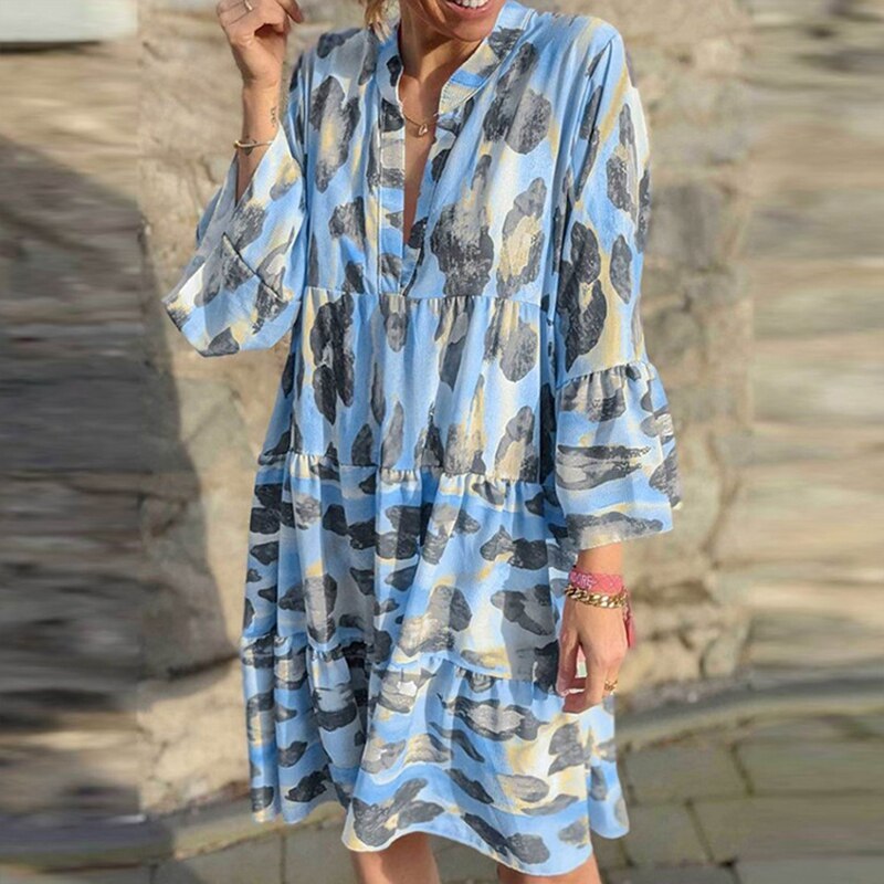 Women Casual Loose Home Print Flare Sleeve Shirt Dress 2021 Fall Women Fashion Sexy V-neck Beach Dress