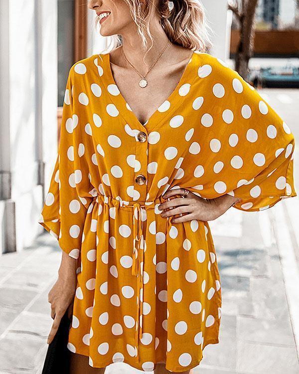 Sexy Button V Neck Straight Half Sleeve Polka Dot Mini Dresses