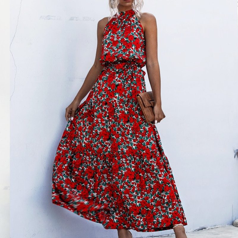 Women Dress Long Print Flowers Polka-dot strap Ladies Halter Boho Maxi Dress