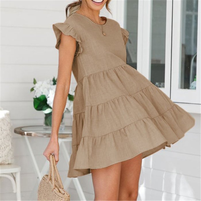 Lovely Plain Round Collar Loose Flounce Embellished Vacation Dress