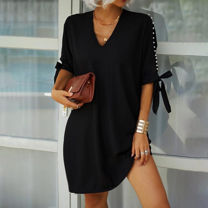 Fashionable And Elegant Women's Large Dress 2021 Summer New Black Off Shoulder V-neck Beaded Short Sleeve Loose Dress Vestidos