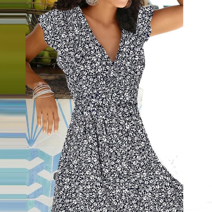 Floral Print V Neck Pullover A-line Dress Fashion Short Sleeves Elegant Office Lady Casual Dress