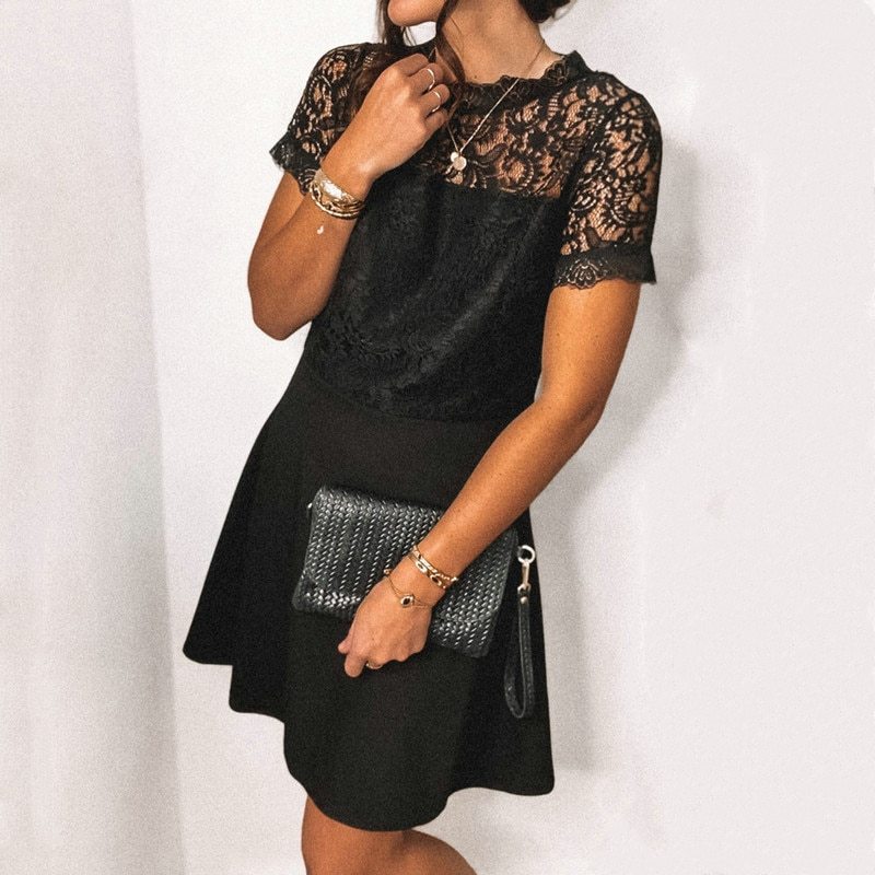 Black Lace Decor Patchwork Party Dress 2021 Summer Sexy Short Sleeve Hollow Out O Neck Elegant A-line Office Lady Dress Vestidos
