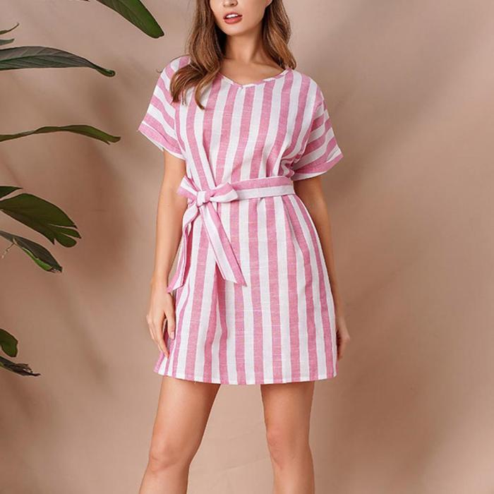 Women Summer Hot Casual Short Sleeve O-Neck Striped Print Mini Party Dress Harajuku Vintage Sundress