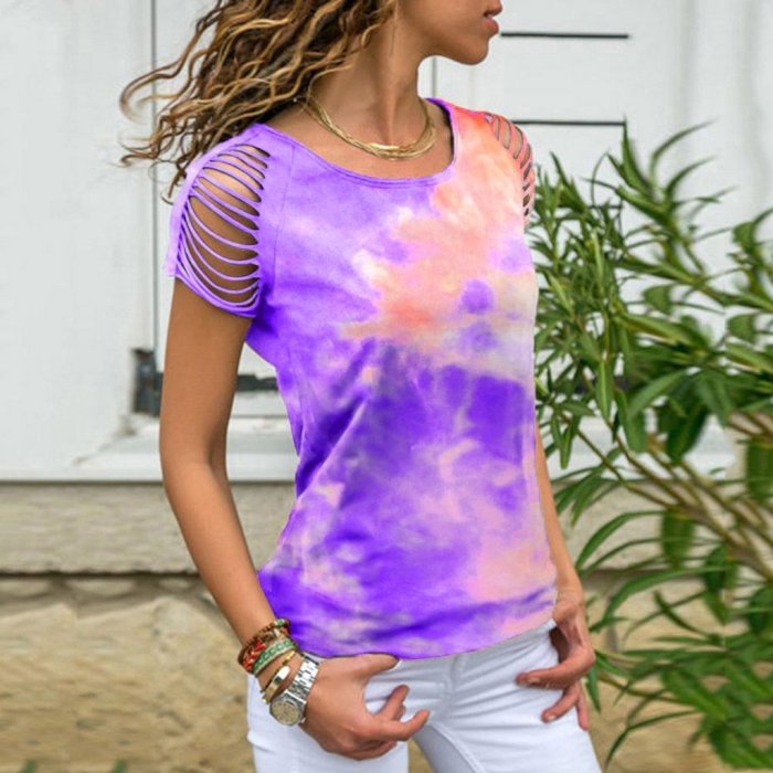 Short Sleeved Tie-dye Printed T-shirt with Stained Holes