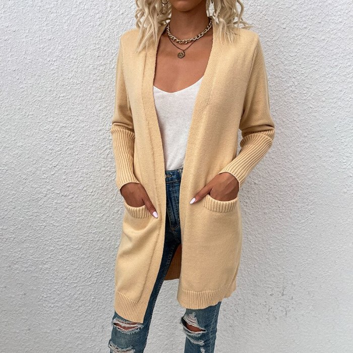 Knitted V-neck Long Cardigan for Women 2021 Autumn Winter Solid Women's Sweater Oversize Loose Casual Pocket Coat Apricot Khaki