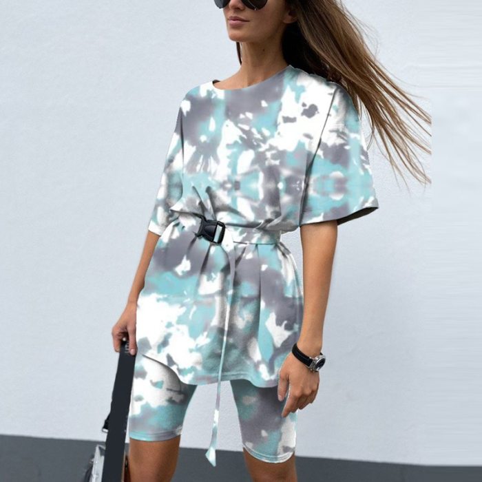2021 New Casual Tie Dye Women Two Piece Sets With Belt Home Loose Sports Tracksuits Fashion Leisure Bicycle Suit Summer Clothing
