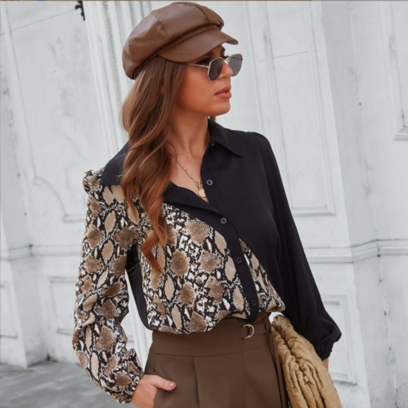 2022 Spring New Fashion Long Sleeve Leopard Print Stitched Shirts Splice Womens Tops and Blouses