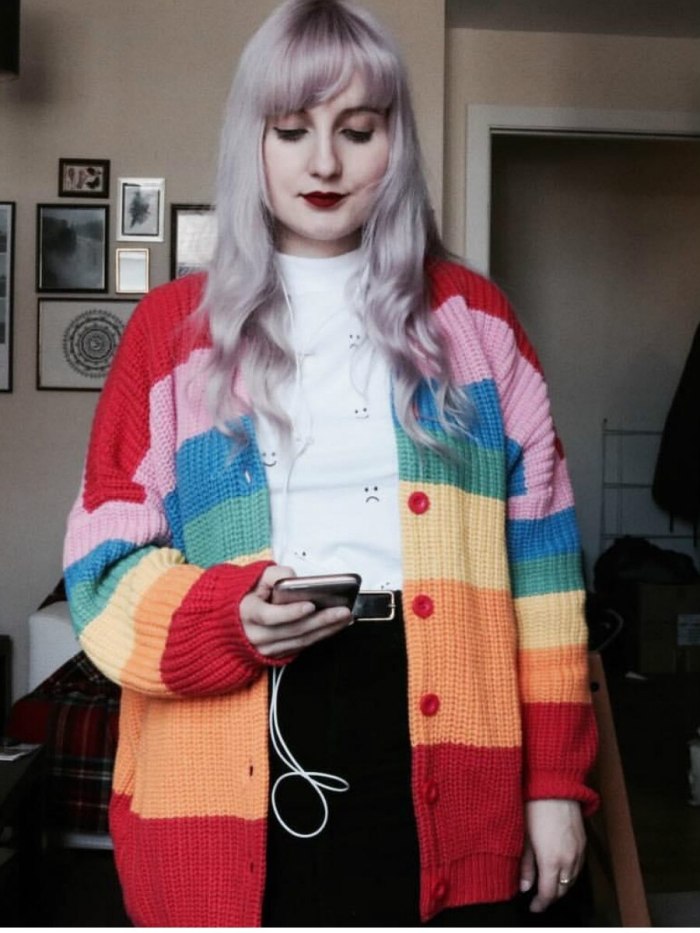 Women Sweater Cardigan Knitted Long Cardigan V Neck Vintage Rainbow Stitching Letter Cardigans Button Up Casaco Feminino