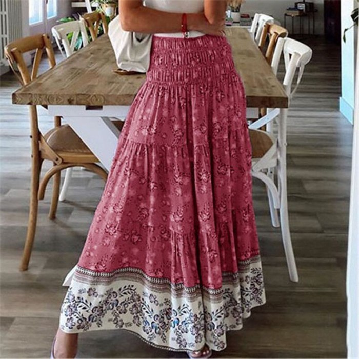 Bohemian Women Summer Skirt Casual Shrinkage Elastic High Waist Print Holiday Long Skirt Vintage Floral A-line Maxi Skirt Female