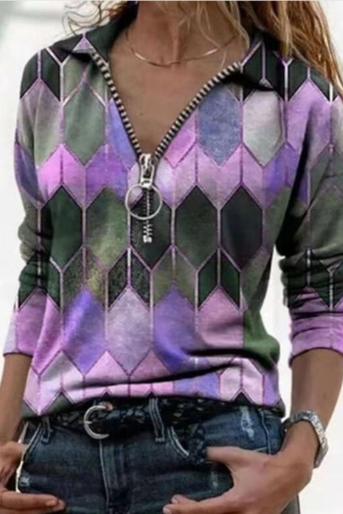 2021 Spring Autumn Women Loose Casual Vintage Tees Zipper Neckline V Neck Cotton Blouse Hexagon Print Shirts Full Long Sleeve