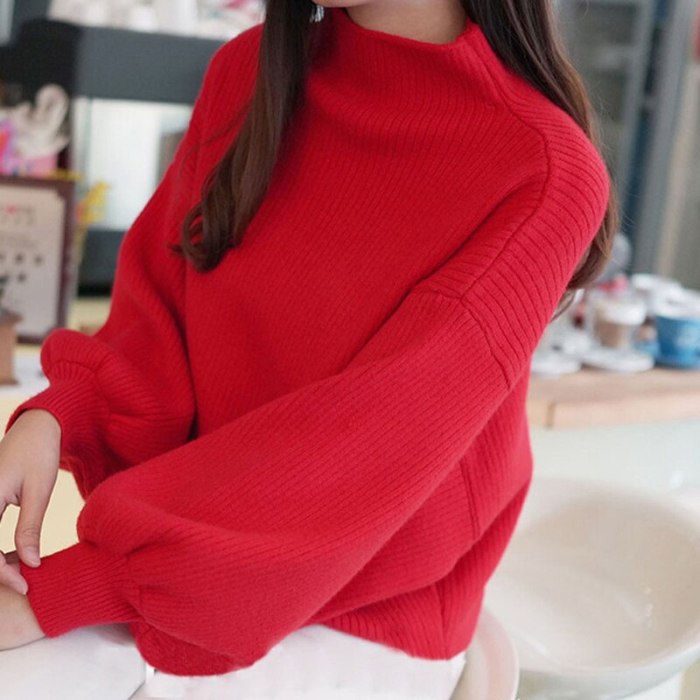 Oversized Women's Autumn Winter Basic Sweaters Solid Knitted Pullovers Korean Style Jumpers Lantern Sleeve Half High Collar