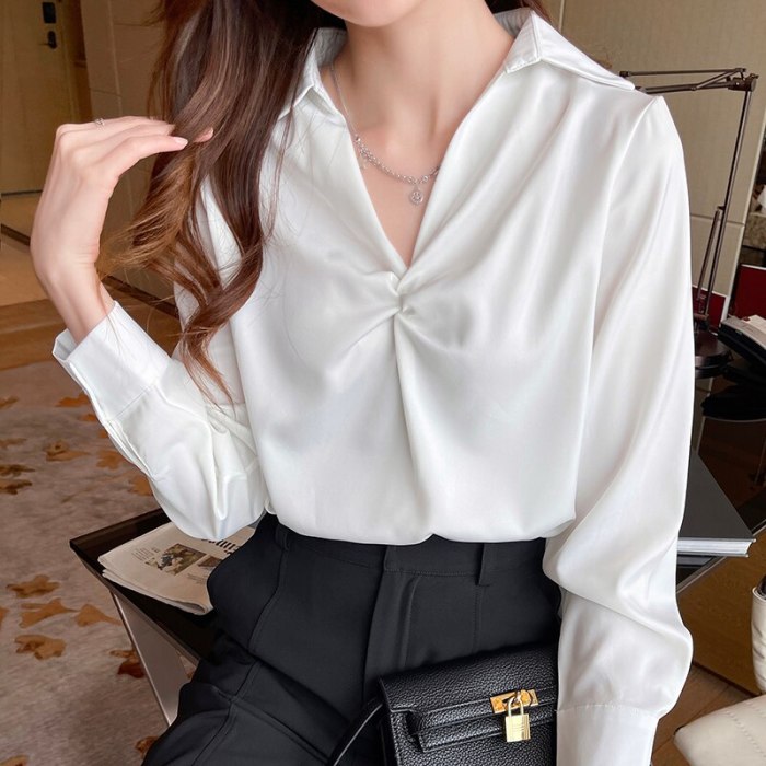 Spring Autumn Korean 2021 Fashion Womens Tops and Blouses Women Blouses Long Sleeve Folds Solid Office Lady Shirts Ladies Tops