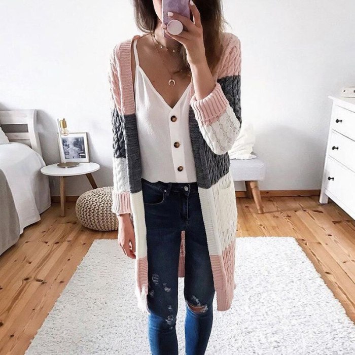 Autumn Winter Fashion Patchwork Knitted Sweaters Casual Long Sleeve Knitted Sweater Women Elegant Warm Pocket Long Cardigan Tops