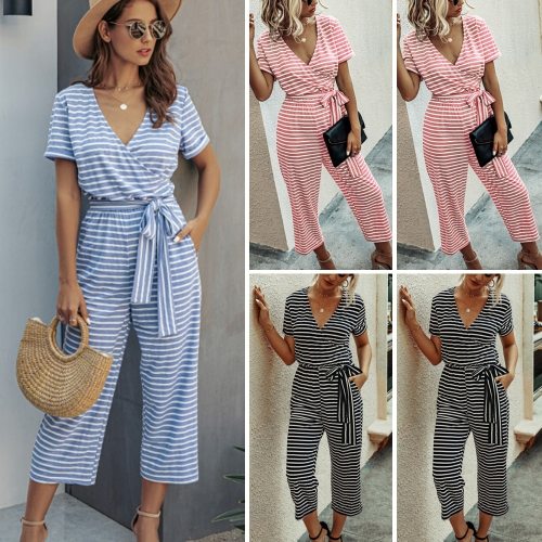 2021 New Fashion Women Short Sleeve Jumpsuit Sexy Ladies V-neck Striped Rompers Pants Casual Trousers