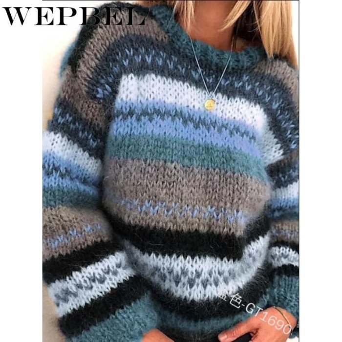 Autumn and Winter Loose Knitted Pullover Korean Version of The Rainbow Striped Long-sleeved Women's Warm Sweater O-neck Top