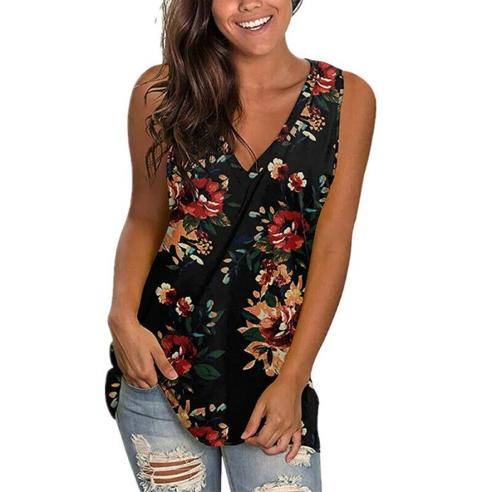 2021 Floral V-Neck Sleeveless Tank Tops Summer Casual Loose Vest Womens Tank Top