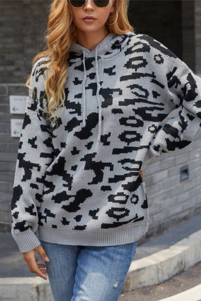 Cross-border sweater women 2021 new sweater leopard print drawstring hooded sweater