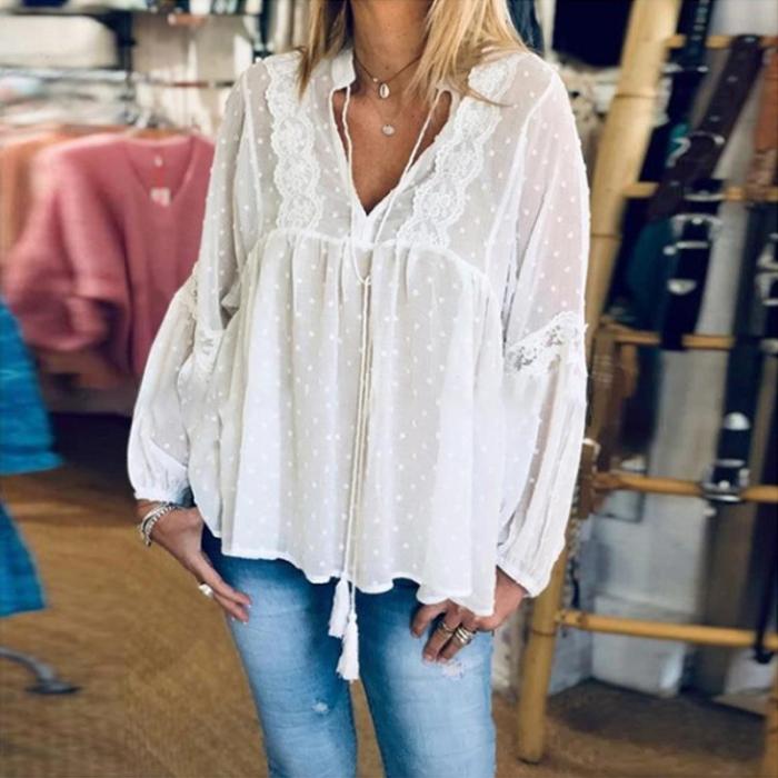 Sexy Lace Tulle Perspective Long Sleeve Shirt