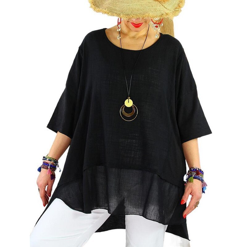 Casual Irregular Splicing Pullover Woman Tshirts 2021 Summer Plus Size Solid Five-Point Sleeve Round Neck Loose Female T-Shirt