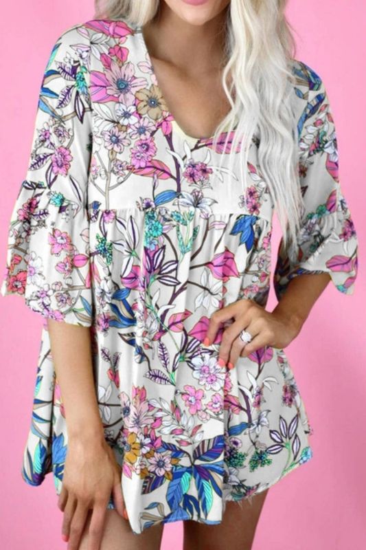 Fashion Women Summer Print T-Shirts for Streetwear Patchwork Design Ruffles V-Neck Butterfly Half Sleeve Casual Loose Long Top